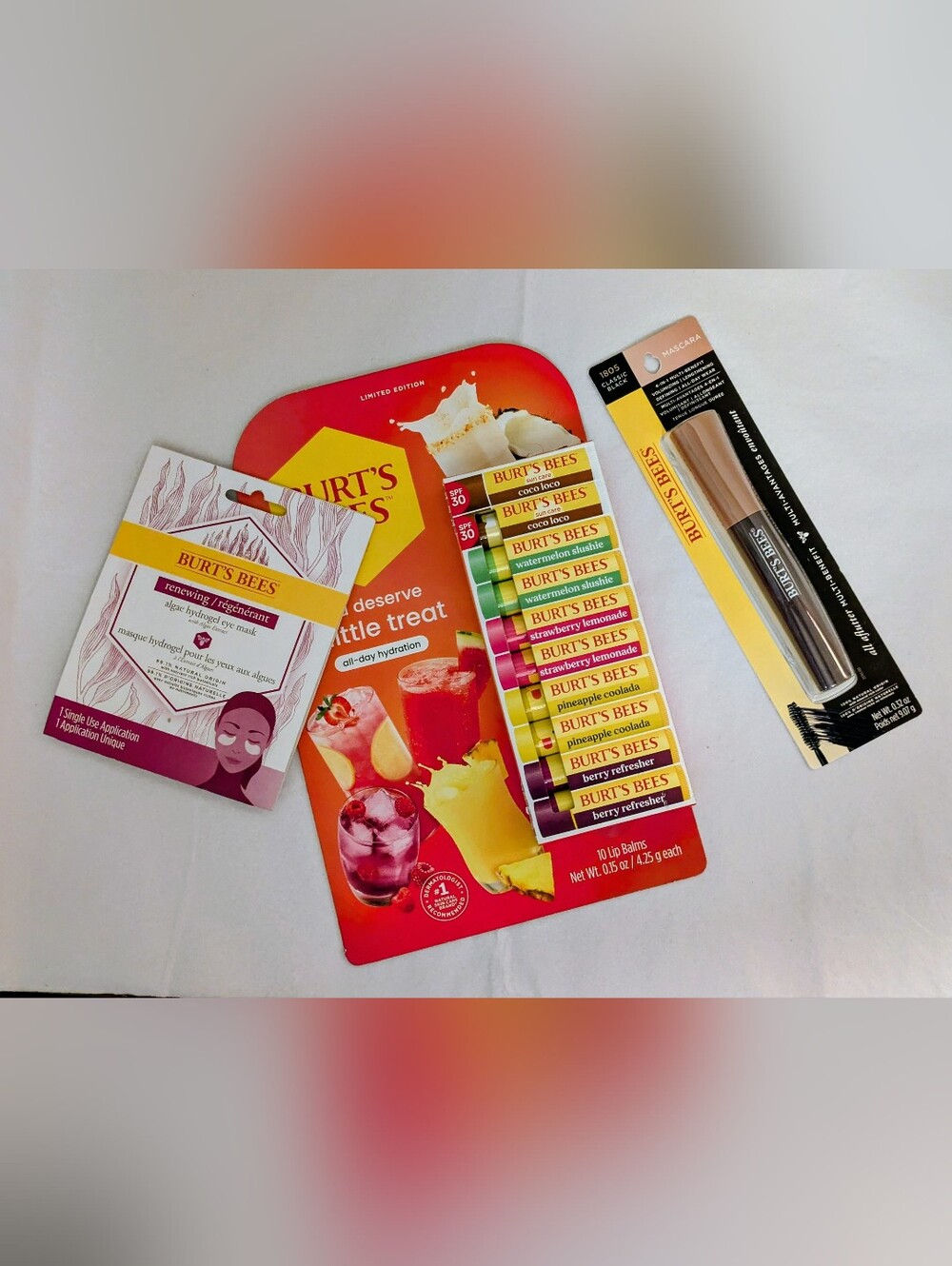 Burt's Bees Lip Balm, Mascara , Eye Mask Bundle – Yellow, Green, Pink